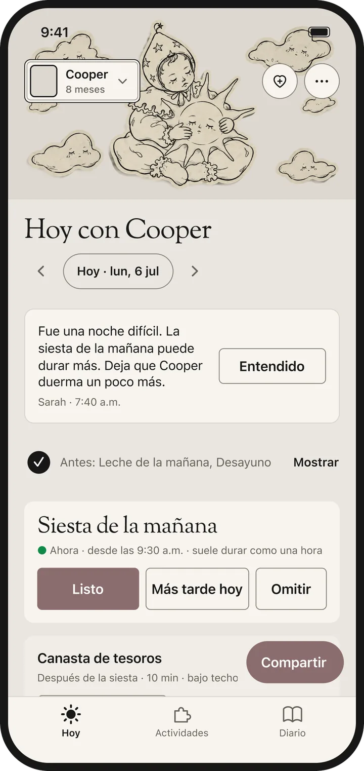 El Hoy de quien cuida por la mañana: una nota de mamá o papá, la siesta de la mañana como bloque Ahora con Listo, Más tarde hoy y Omitir, y una idea de canasta de tesoros.